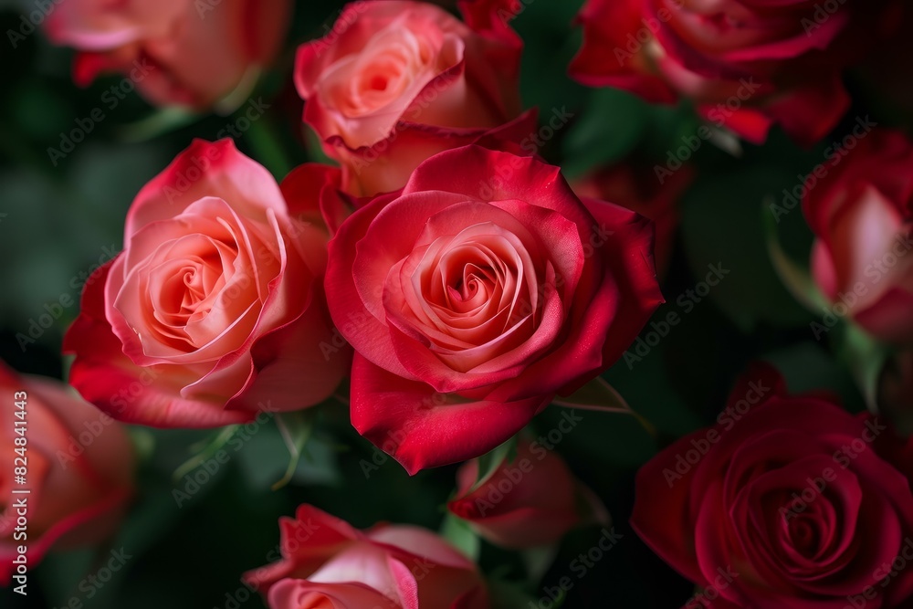 Close-up view of vibrant pink roses in a rich, dark setting Close-up view of vibrant pink roses in a rich, dark setting