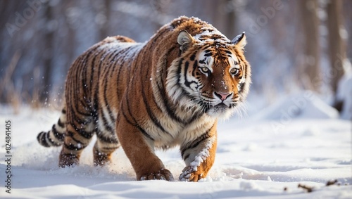 Tiger in wild winter nature. Amur tiger running in the snow. Action wildlife scene with danger animal. Cold winter in tajga  