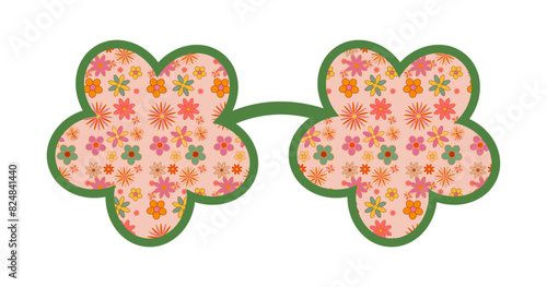 Groovy sunglasses with flowers 70s, 80s, 90s vibes funky sticker. Retro psychedelic glasses vector illustration. Vintage floral element isolated on transparent background.