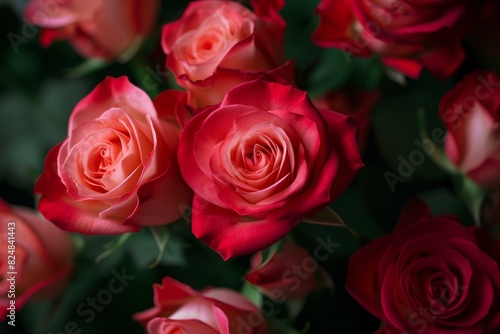Close-up view of vibrant pink roses in a rich  dark setting