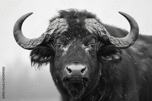 Illustration of  black and white picture of a huge black buffalo with horns photo
