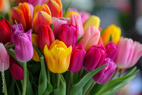 Vibrant and multicolored tulip bouquet close-up with assorted variety of springtime flowers in bloom  creating a beautiful and natural floral arrangement  perfect for decoration or as a gift
