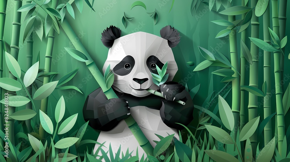 Paper cut bamboo forest panda illustration poster background