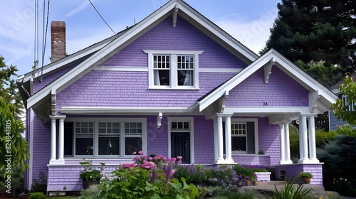 Craft man house exterior painted in lavender with white window panes