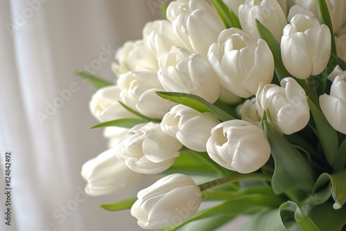 Close-up of a fresh bouquet of white tulips against a soft background, giving a serene vibe