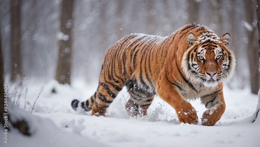 Tiger in wild winter nature. Amur tiger running in the snow. Action wildlife scene with danger animal. Cold winter in tajga, 