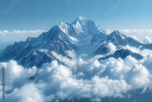 Illustration of photograph of mountain peaks above the clouds  panoramic view  blue sky  beautiful nature