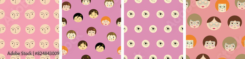 Four seamless patterns pack, sweet girlish faces. Multipurpose use, girl appearance, continuous flat vector illustration.