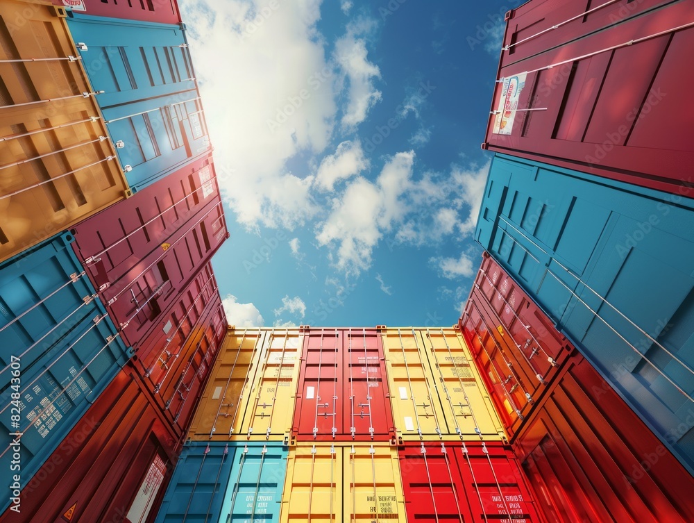 Fototapeta premium High Stack Cargo Container: A Logistics Supply Chain Perspective on Overseas Shipping and Internatio