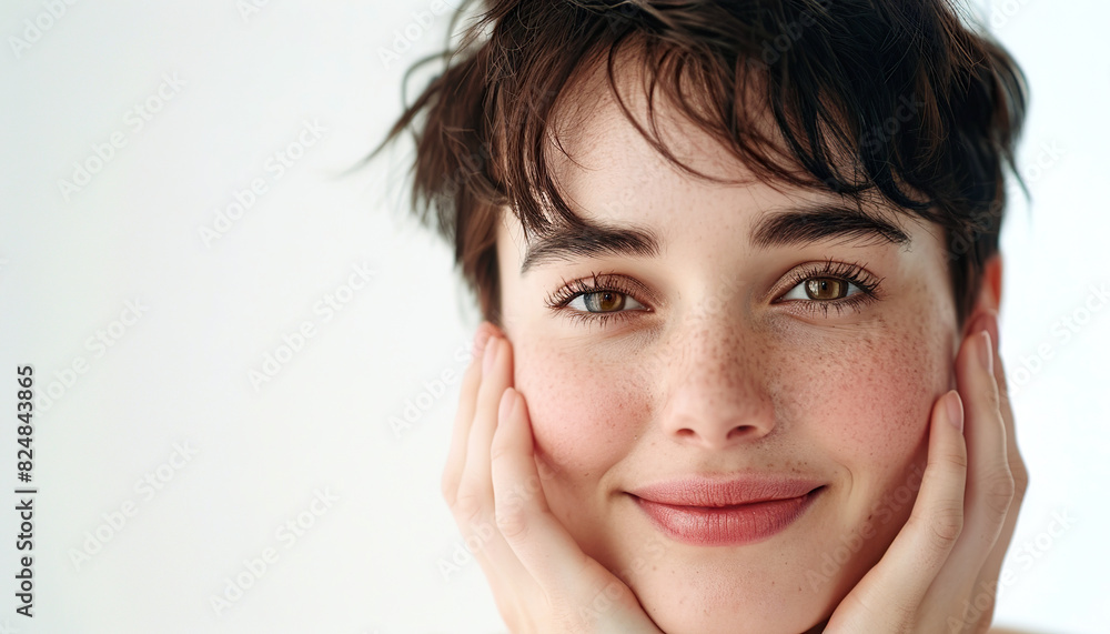 young happy woman short brown hair eyes touching face hands skin care beauty skincare cosmetics white background copy space young happy woman short brown hair eyes touching face hands skin care beauty skincare cosmetics white background copy space