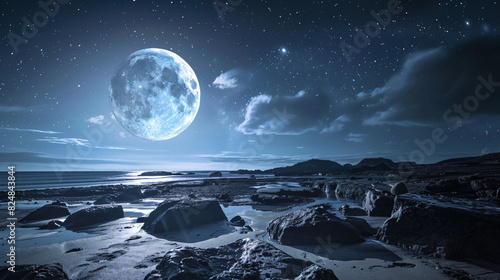 Moonlit coastline with starry sky. Serene coastal landscape illuminated by a bright full moon  with starry night sky  perfect for travel and nature themes.