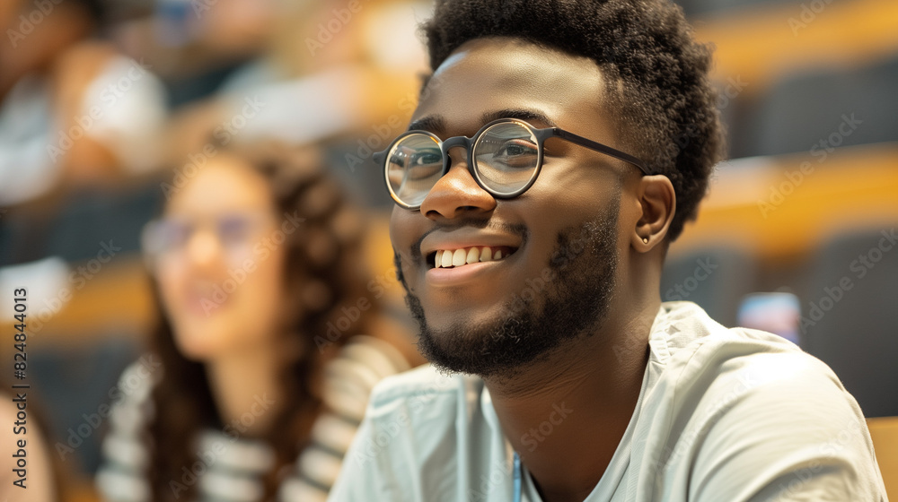 Happy black university student attending lecture in classroom and looking at camera Happy black university student attending lecture in classroom and looking at camera