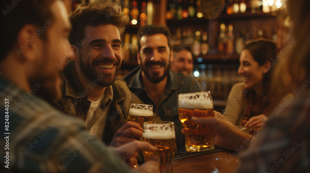 Cheerful man and his friends toast with beer while gathering in bar
