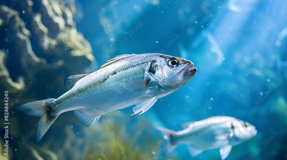 Fototapeta premium Silver fish swimming in blue water. Close-up of a silver fish with another out of focus in the background, swimming in blue water.