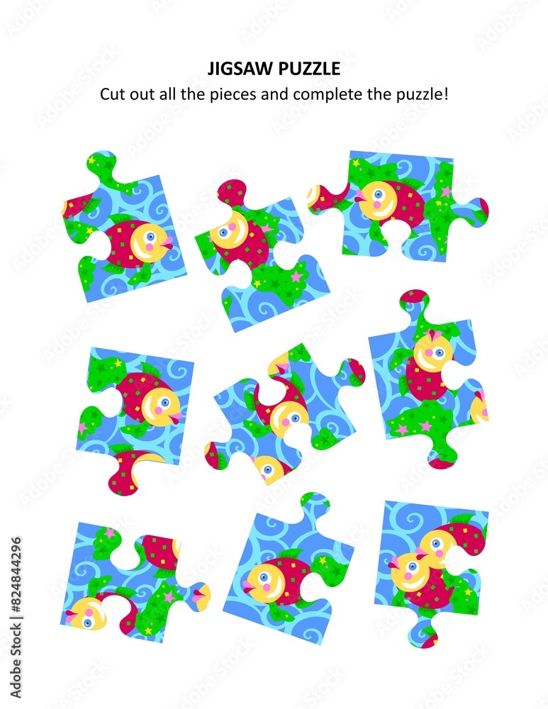 Fototapeta premium Fish jigsaw puzzle. Print and cut out all the pieces to complete the puzzle. 