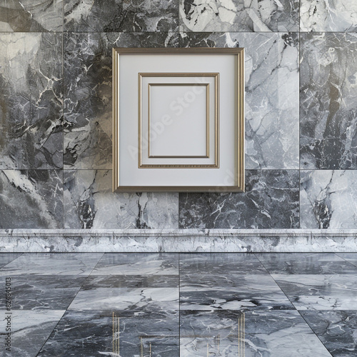 Minimalist art space with a 3D empty frame on a chic Sivec marble floor. photo