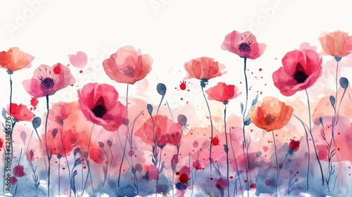 Red and pink watercolor poppies in a field.