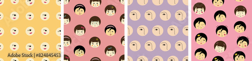 Four surface patterns, pleasant girlish faces. Simple print for fabric, packaging, girl portrait, childish backdrop design.