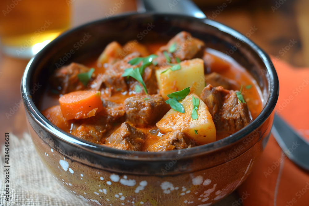 Freshly made goulash served in a brown ceramic bowl Freshly made goulash served in a brown ceramic bowl