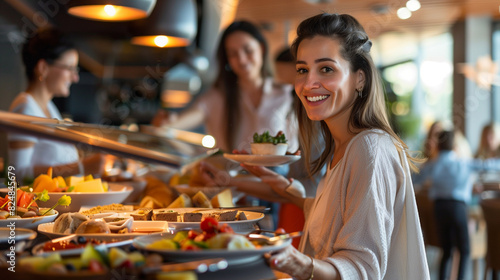 Happy woman having buffet breakfast with her family while staying in hotel  with warm tones of buffet colors  high depth with dining details  joyful expressions  and family togetherness.