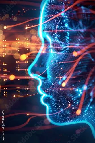 A digital portrait of a human face showing speech synthesizer waveforms