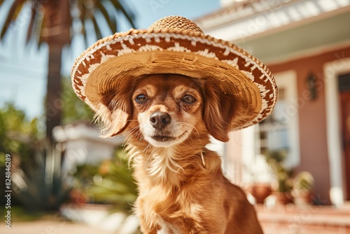 Illustration of dog wearing a sombrero in front of a house, high quality, high resolution