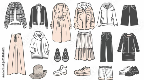 Different clothes in outline style. Woman clothing 