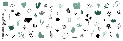 Set of Hand drawn organic shapes, leaf, plants, dots, lines. collection of minimal trendy abstract natural elements