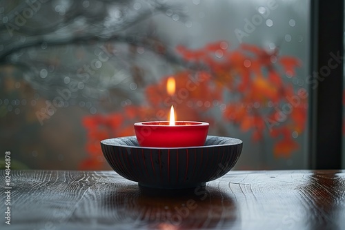 Depicting a lit table with red candle in the middle, high quality, high resolution