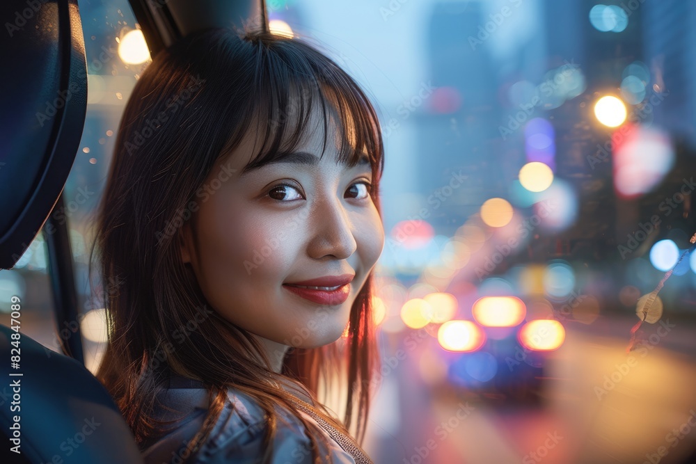 A young woman in the car looking out at the city A young woman in the car looking out at the city