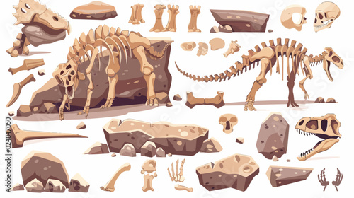 Dinosaur bones fossils. Reptile fossil in ground ston