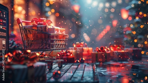 Small shopping cart filled with wrapped gift box, placed on laptop keyboard. Ecommerce activity, online convenient shopping before winter holidays. photo