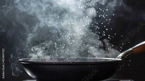 Steaming hot frying pan. A black frying pan with steam and grease rising from it on a black background
