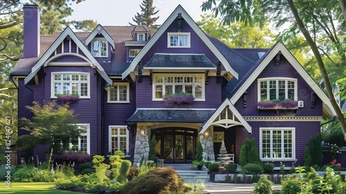 Craft man house exterior painted in deep purple with white accents