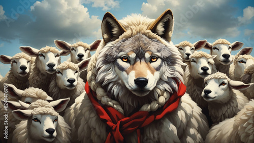 A wolf wearing a sheep's cloak stands in a field of sheep. photo