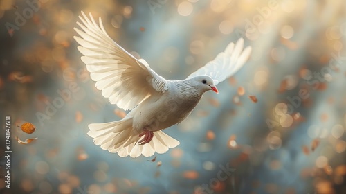 An elegant white dove in flight with a soft-focus autumn leaves background, symbolizing peace and freedom