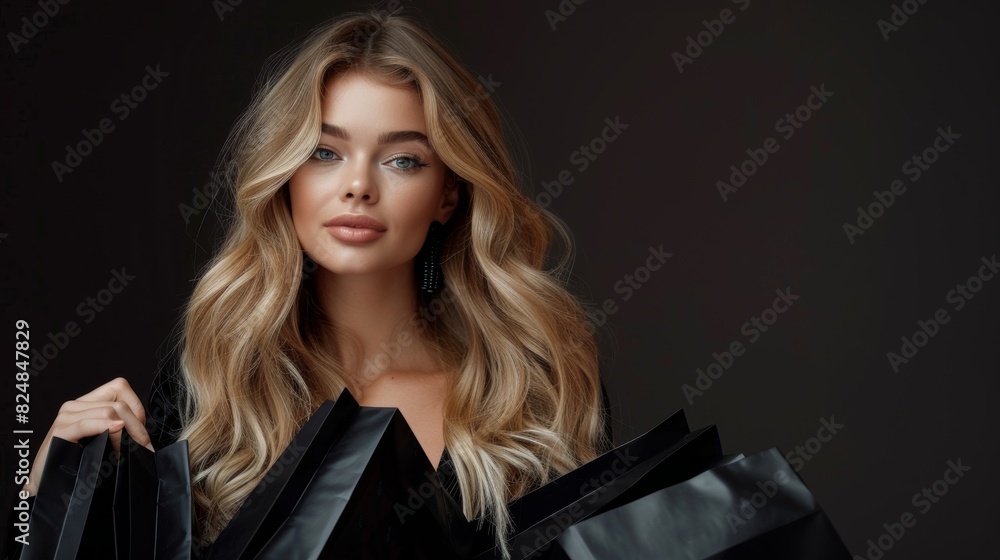 Beautiful young woman with blonde hair standing black shopping bags against black background Beautiful young woman with blonde hair standing black shopping bags against black background