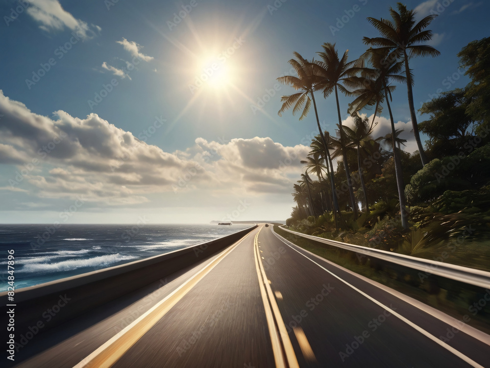 Driving on the highway road near the blue ocean with bright sun shining above and green palms on the side Driving on the highway road near the blue ocean with bright sun shining above and green palms on the side