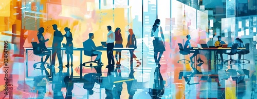 A painting of a busy office scene with people working at their desks. The painting is done in a colorful and abstract style.
