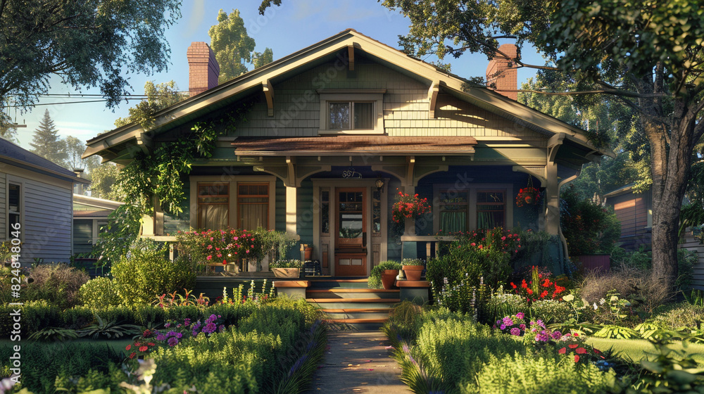 A warm, sunny day in May, and the exterior of a 1920s craftsman bungalow, with its tapered columns, decorative trusses, and a cheerful, flower-filled window box. 