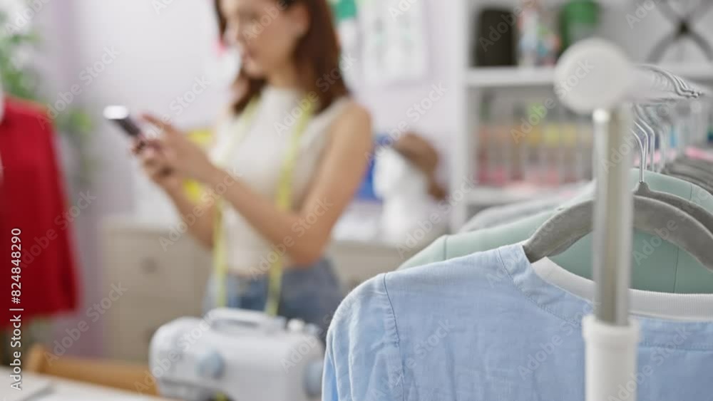 A focused woman tailor with measuring tape using smartphone in a modern atelier filled with various textiles. A focused woman tailor with measuring tape using smartphone in a modern atelier filled with various textiles.