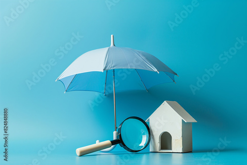 Property protection symbolized by house  umbrella  magnifying glass on blue.