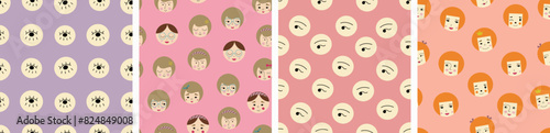Four repeating patterns, pretty girlish faces. Surface design with simple shapes, woman countenance, diverse endless backdrops.