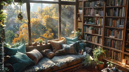 Capture the serene beauty of a cozy reading nook with a birds-eye view perspective