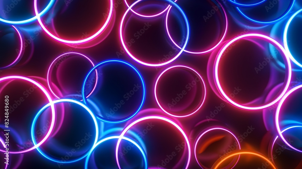 Dazzling Neon Light Circles in Symmetrical Pattern on Sleek Black Background Dazzling Neon Light Circles in Symmetrical Pattern on Sleek Black Background