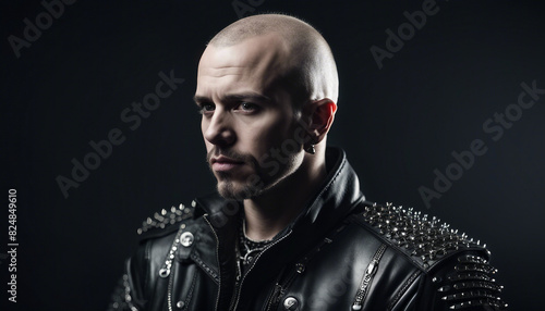 portrait of a man in a metalhead-style outfit with shaved hair, isolated dark background 
 photo