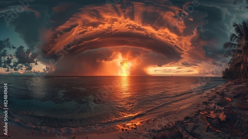 An epic and surreal vision of a massive explosion in the distance, clouds forming a dramatic spiral over a serene tropical beach photo