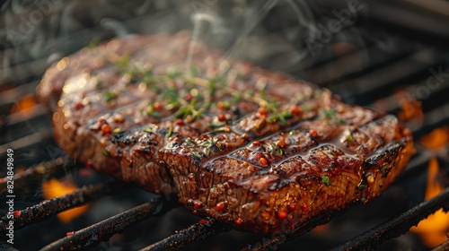 A perfectly marinated steak on a grill with vibrant flames and smoke visible