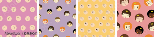 Four repeating patterns, nice girlish faces. Simple cute shapes, flat vector, women portrait, endless backdrop.
