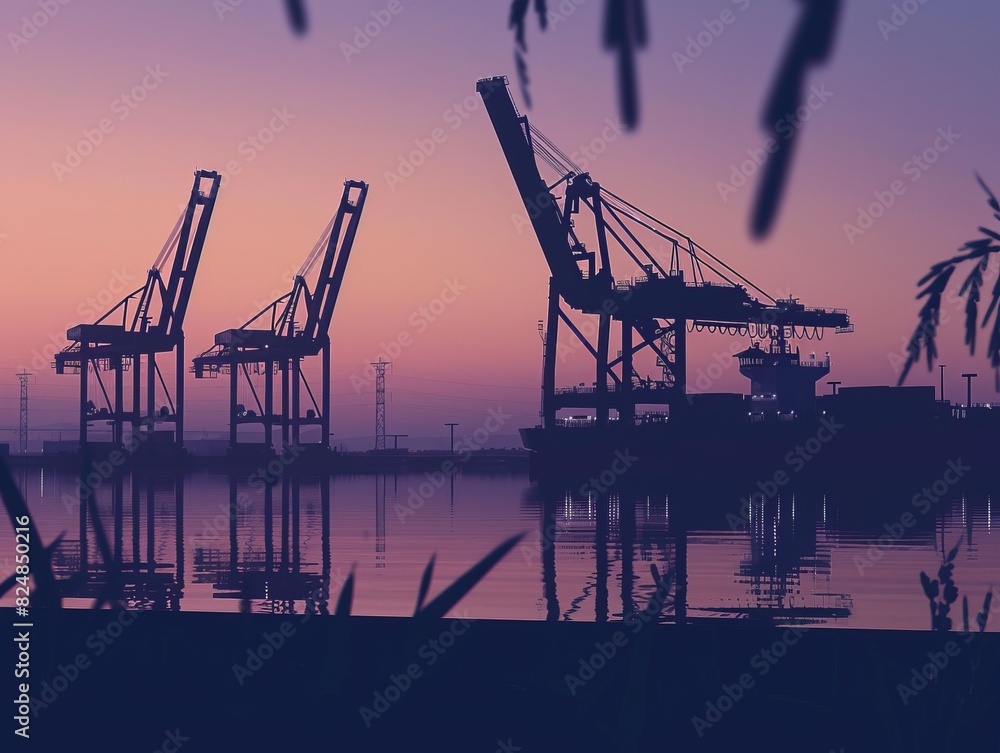 Obraz premium Twilight Glow at the Cargo Port: Gantry Crane Silhouette